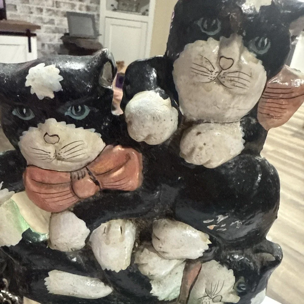 Cast Iron  Cat Kitty‎ Door Stop Bookend Hand Painted Tuxedo Bows Kitten Cat